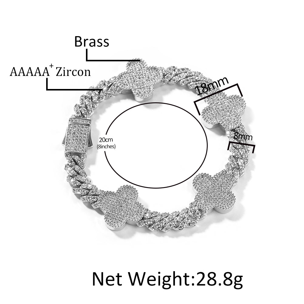 Bracelet with labeled components and measurements on a white background