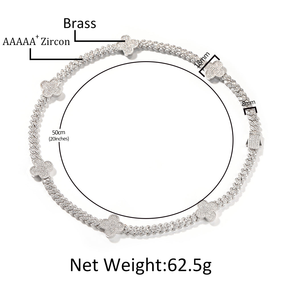 Brass and zircon necklace with measurements and weight details on a white background